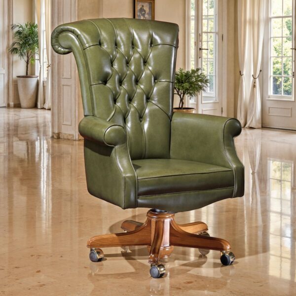 Marzorati executive olive green leather office armchair with tufted high back, rolled arms and wooden swivel base on casters.