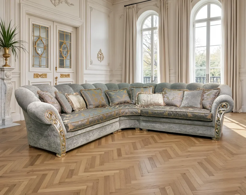 Divano angolare classico in velluto verde con ricami damascati e finiture dorate in un salone elegante