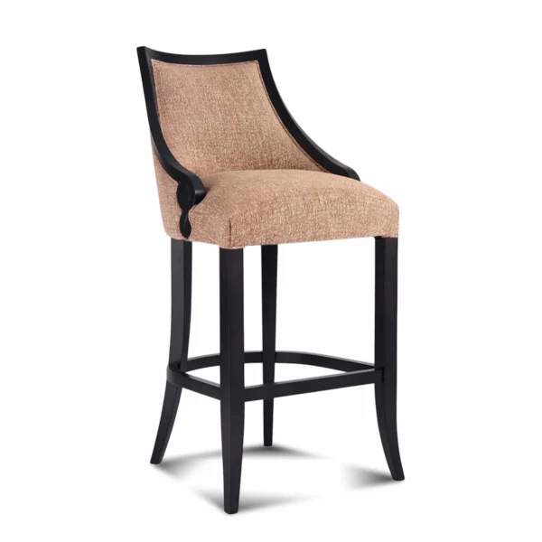 Luxury upholstered bar stool in beige fabric with curved back and black wooden frame with footrest.