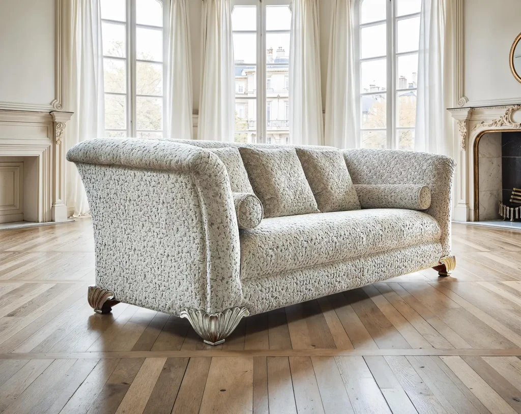 Divano classico con rivestimento floreale color crema e piedini intagliati a forma di conchiglia in un elegante ambiente luminoso