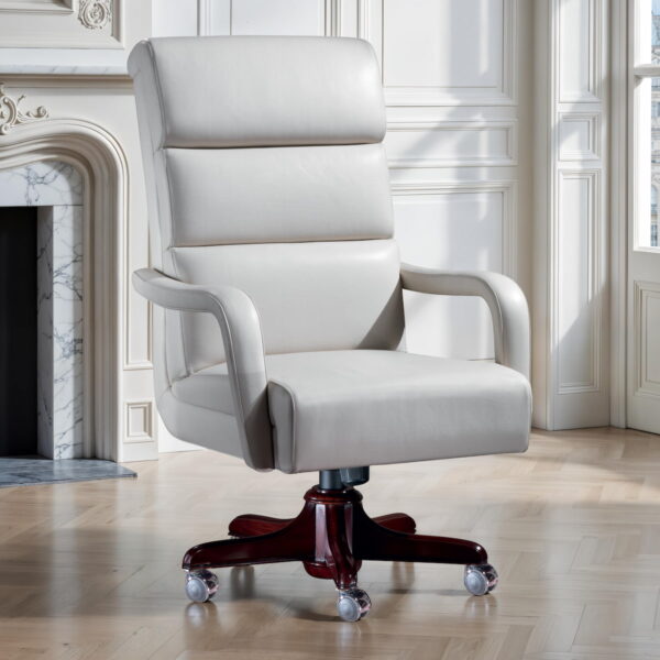 Marzorati executive ivory white leather office chair with high back three‑cushion design, upholstered arms and five‑star wooden swivel base on casters.