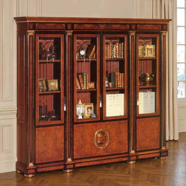 Neoclassical four‑door glass‑front bookcase in fine wood with shelves for books and decor, fluted pilasters, gilded mouldings and lower panelled compartments