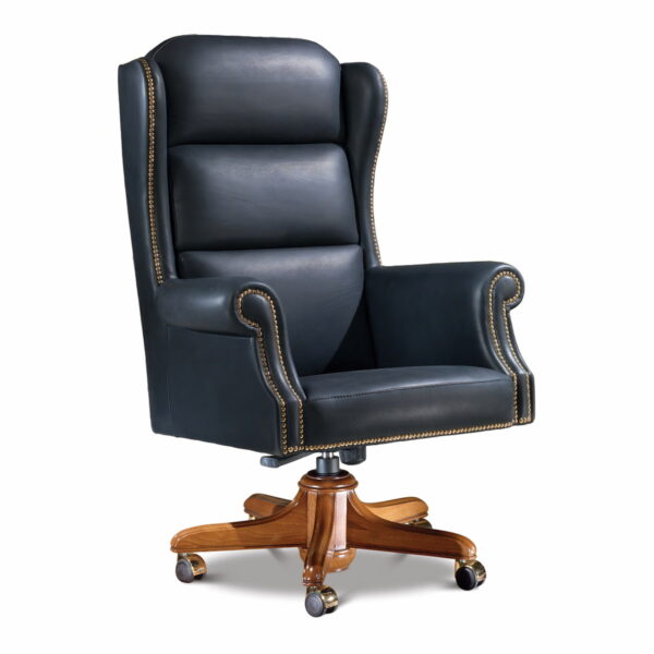 Black leather wingback executive office chair with rolled arms, brass nailhead trim and wood swivel base on casters – Marzorati