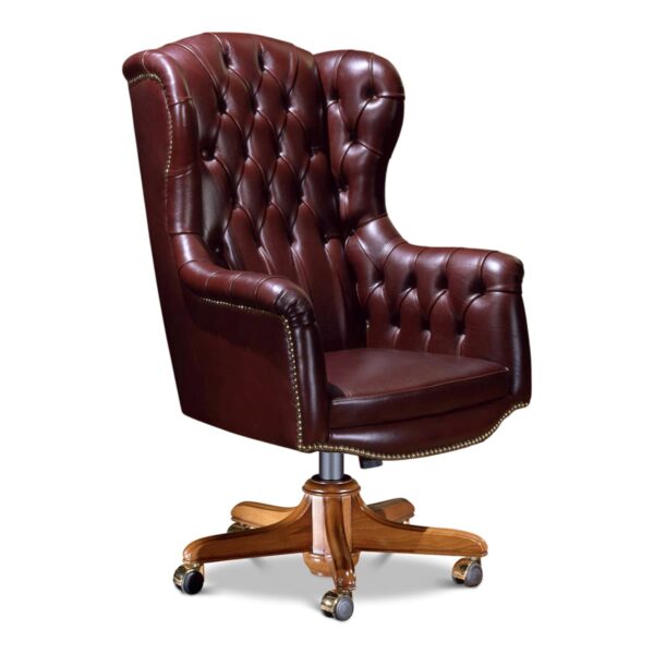 Burgundy leather executive office chair with tufted back and arms, wingback silhouette, wooden swivel base on casters and nailhead trim – Marzorati