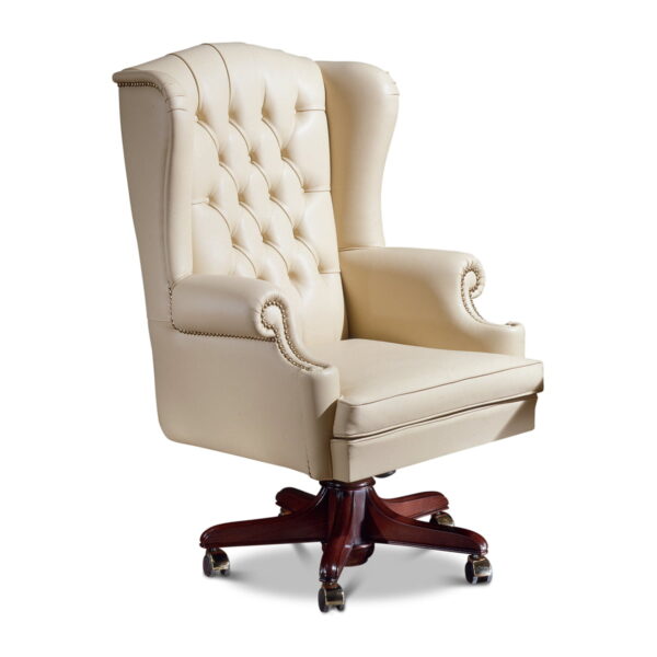 Marzorati executive chair in ivory leather, tufted wingback high back, solid wood five-star swivel base with casters.
