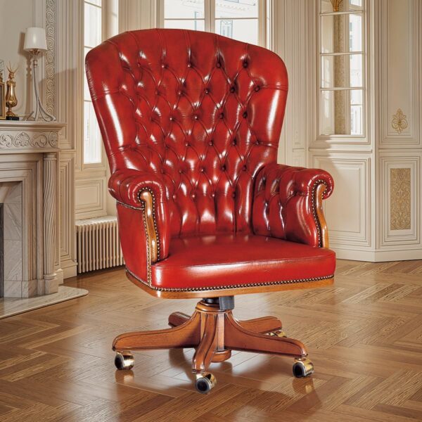 Marzorati red leather executive chair with high deep‑tufted back, rolled arms, nailhead trim and solid wood five‑star swivel base with casters.
