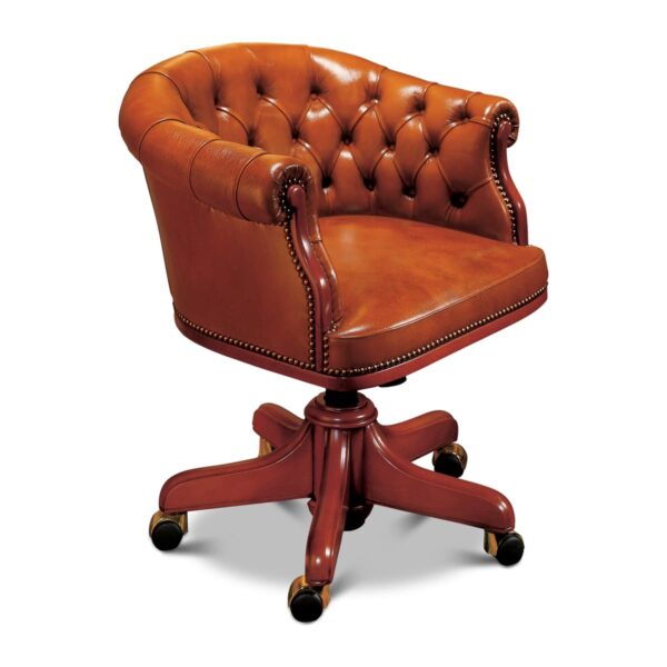 Marzorati cognac leather swivel captain’s chair with low tufted barrel back, rolled arms, nailhead trim and solid wood five-star base on casters.