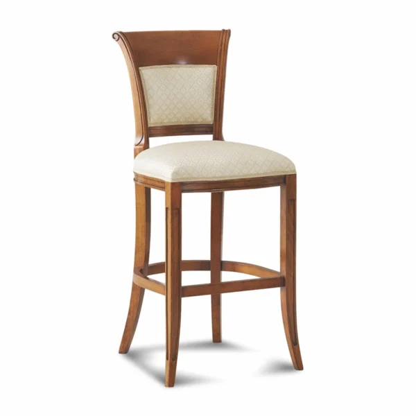 Counter‑height wooden barstool with flared legs and footrest, light upholstered seat and padded back panel – Marzorati.