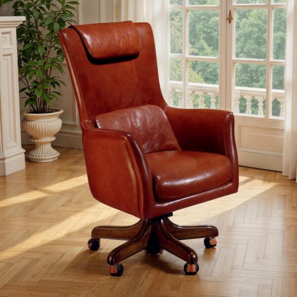 Marzorati executive office chair in cognac leather with a high back and padded headrest, upholstered arms and a five‑star wooden base on casters, classic‑contemporary style.