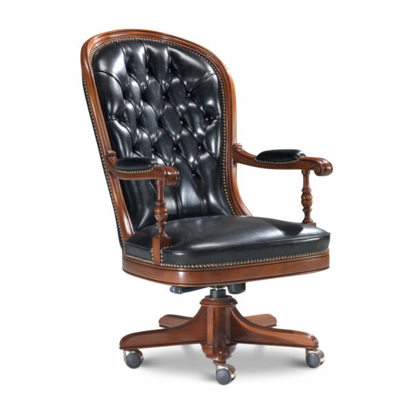 Marzorati executive office chair in black leather with a high button‑tufted back, nailhead trim, padded arm caps on turned supports and a five‑star wooden base on casters.