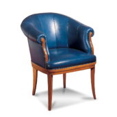 Marzorati executive armchair in blue leather, barrel-back design with rolled arms and solid wood legs for classic offices.