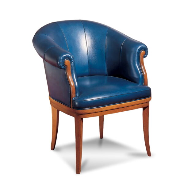 Marzorati executive armchair in blue leather, barrel-back design with rolled arms and solid wood legs for classic offices.