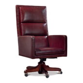 Marzorati executive office chair in burgundy leather with high-back panel cushioning, padded arms and a 5-star wooden base on casters, classic luxury style.