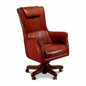 Marzorati executive office chair in cognac leather with a high back and padded headrest, upholstered arms and a five‑star wooden base on casters, classic‑contemporary style.