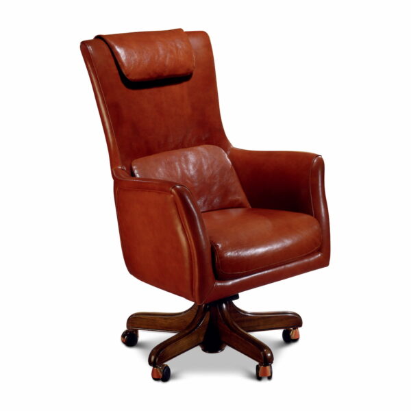 Marzorati executive office chair in cognac leather with a high back and padded headrest, upholstered arms and a five‑star wooden base on casters, classic‑contemporary style.