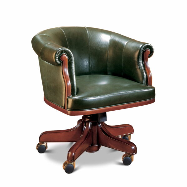 Marzorati executive office chair in dark green leather with an enveloping barrel‑back, rolled arms, wooden trim and a five‑star wooden base on casters, classic luxury style.