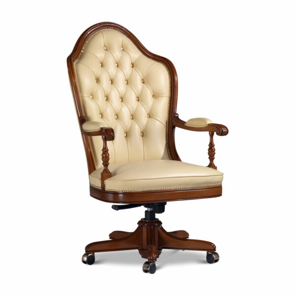 Marzorati executive office chair in ivory leather with high button‑tufted back, turned arm supports, nailhead trim and a five‑star wooden base on casters.