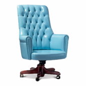 Marzorati executive office chair in light blue leather with a high button‑tufted back, rolled arms and a five‑star wooden base on casters.