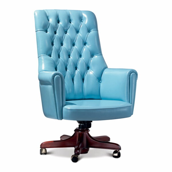 Marzorati executive office chair in light blue leather with a high button‑tufted back, rolled arms and a five‑star wooden base on casters.