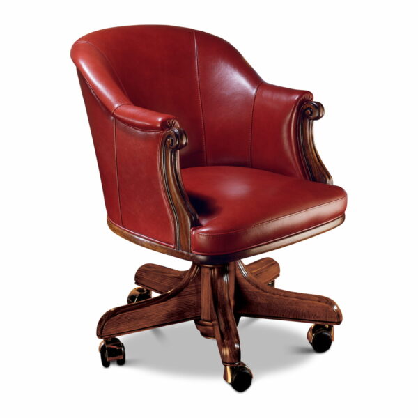 Marzorati executive office chair in red leather with an enveloping barrel‑back, carved scroll arms and a five‑star wooden base on casters.