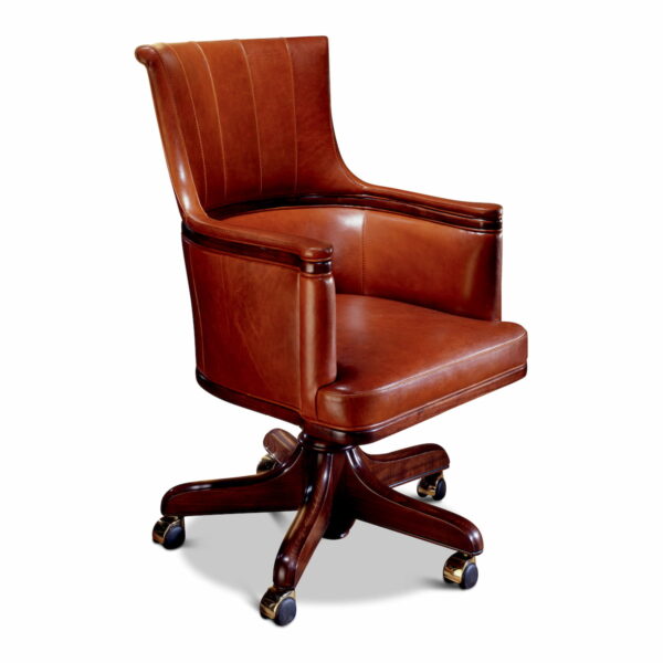 Marzorati executive office chair in tan leather with a mid‑back and vertical stitched detail, integrated padded arms and a five‑star wooden base on casters, classic luxury style.