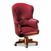 Marzorati executive burgundy leather office armchair with contoured high back, rolled arms and five‑star wooden swivel base on casters.