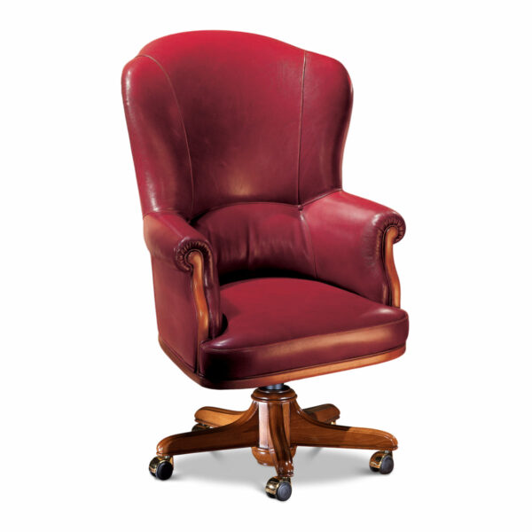 Marzorati executive burgundy leather office armchair with contoured high back, rolled arms and five‑star wooden swivel base on casters.