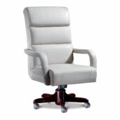Marzorati executive ivory white leather office chair with high back three‑cushion design, upholstered arms and five‑star wooden swivel base on casters.