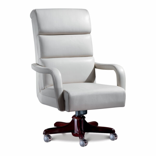 Marzorati executive ivory white leather office chair with high back three‑cushion design, upholstered arms and five‑star wooden swivel base on casters.