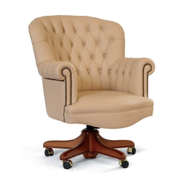 Marzorati executive leather office armchair in beige with tufted back, nailhead-trimmed arms and wooden swivel base on casters.
