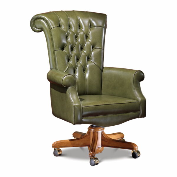 Marzorati executive olive green leather office armchair with tufted high back, rolled arms and wooden swivel base on casters.