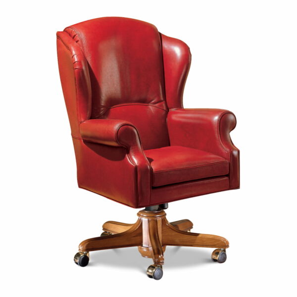 Marzorati executive red leather office armchair with high wingback, rolled arms, loose seat cushion and wooden five-star swivel base on casters.