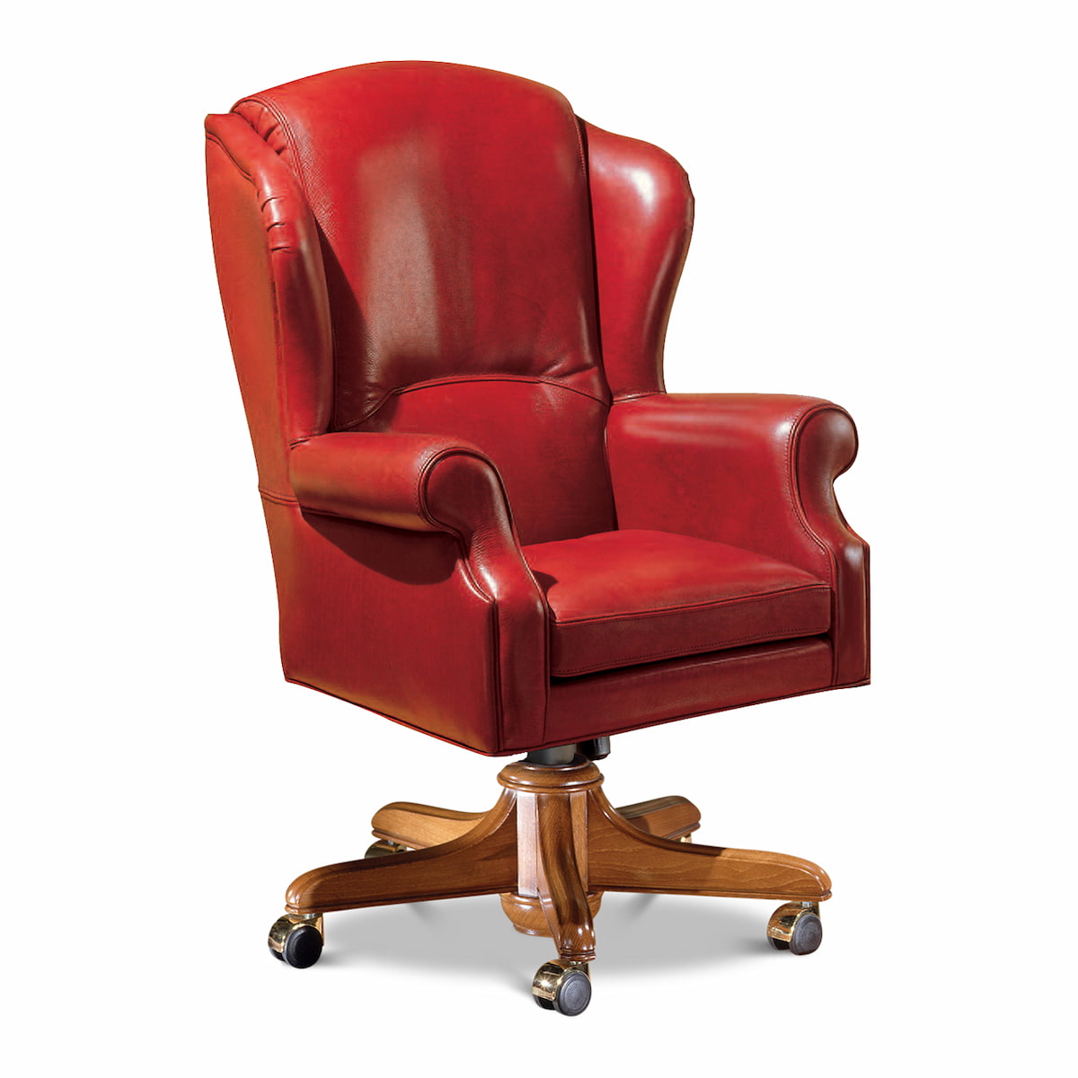 Кресло руководителя Marzorati из красной кожи с высокой спинкой в стиле wingback, закруглёнными подлокотниками, съёмной подушкой сиденья и деревянным поворотным основанием на колёсиках.