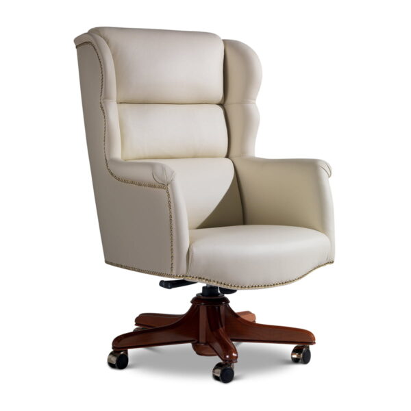 Marzorati executive chair in ivory leather with segmented padded high back, nailhead trim, solid wood five-star swivel base with casters.