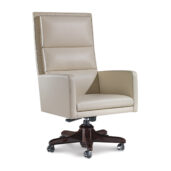 Marzorati executive chair in ivory leather with high triple‑cushion back, straight arms, solid wood five‑star swivel base with casters, height adjustable.