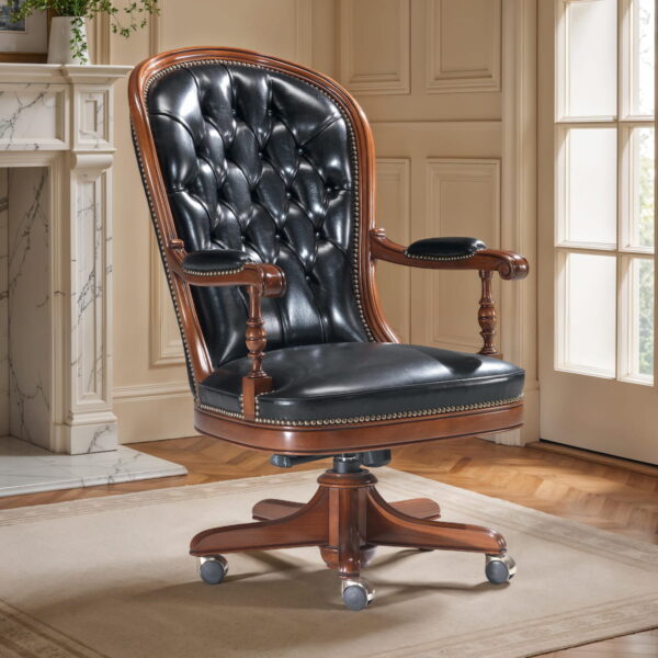 Marzorati executive office chair in black leather with a high button‑tufted back, nailhead trim, padded arm caps on turned supports and a five‑star wooden base on casters.