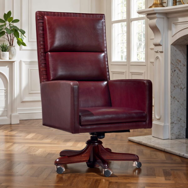 Marzorati executive office chair in burgundy leather with high-back panel cushioning, padded arms and a 5-star wooden base on casters, classic luxury style.