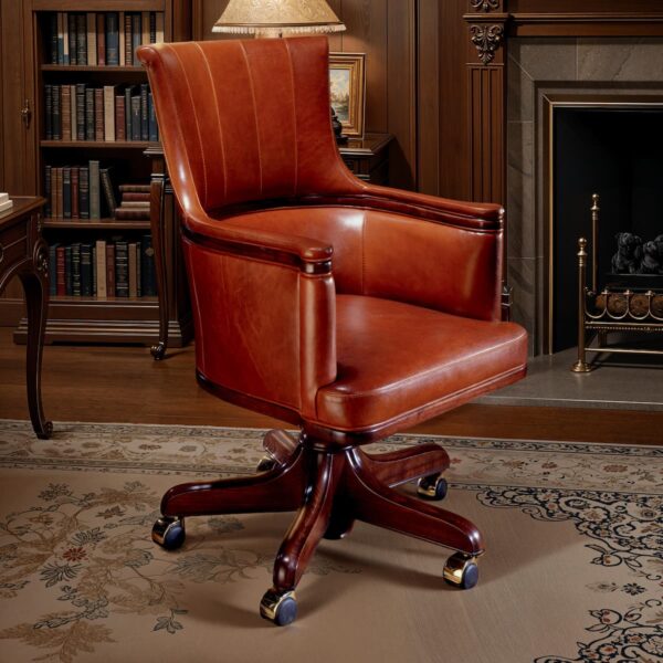 Marzorati executive office chair in tan leather with a mid‑back and vertical stitched detail, integrated padded arms and a five‑star wooden base on casters, classic luxury style.