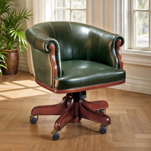Marzorati executive office chair in dark green leather with an enveloping barrel‑back, rolled arms, wooden trim and a five‑star wooden base on casters, classic luxury style.