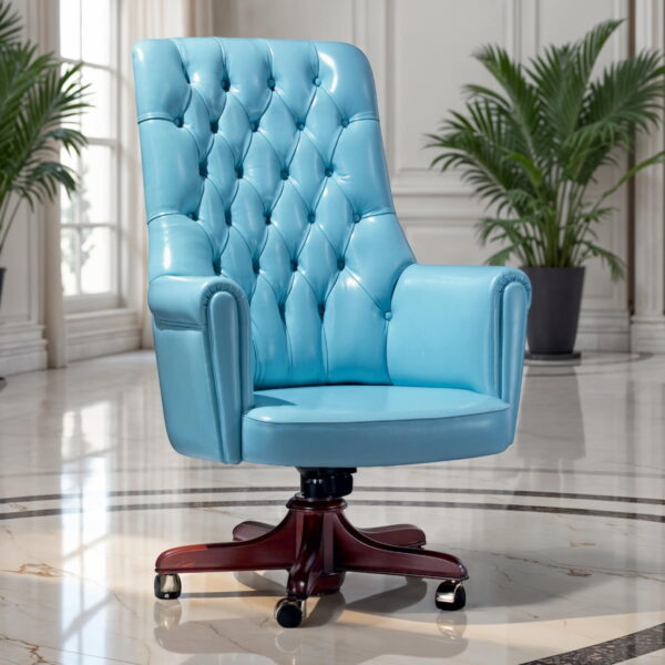Marzorati executive office chair in light blue leather with a high button‑tufted back, rolled arms and a five‑star wooden base on casters.
