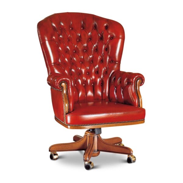 Marzorati red leather executive chair with high deep‑tufted back, rolled arms, nailhead trim and solid wood five‑star swivel base with casters.