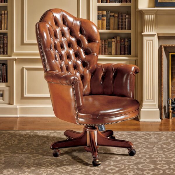 Brown leather executive office chair with tufted back, padded arms, wooden swivel base on casters and nailhead trim – Marzorati