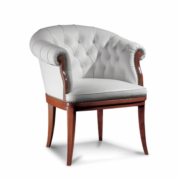 White leather tufted club armchair with nailhead trim and solid wood legs – Marzorati