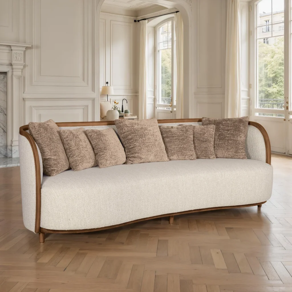 Divano moderno di lusso con struttura in legno curvato e rivestimento beige, completo di cuscini coordinati