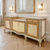 Neoclassical 4‑door sideboard with 2 drawers, cream starburst marquetry panels, contrasting veneer frames and gilded cabriole legs, serpentine front.