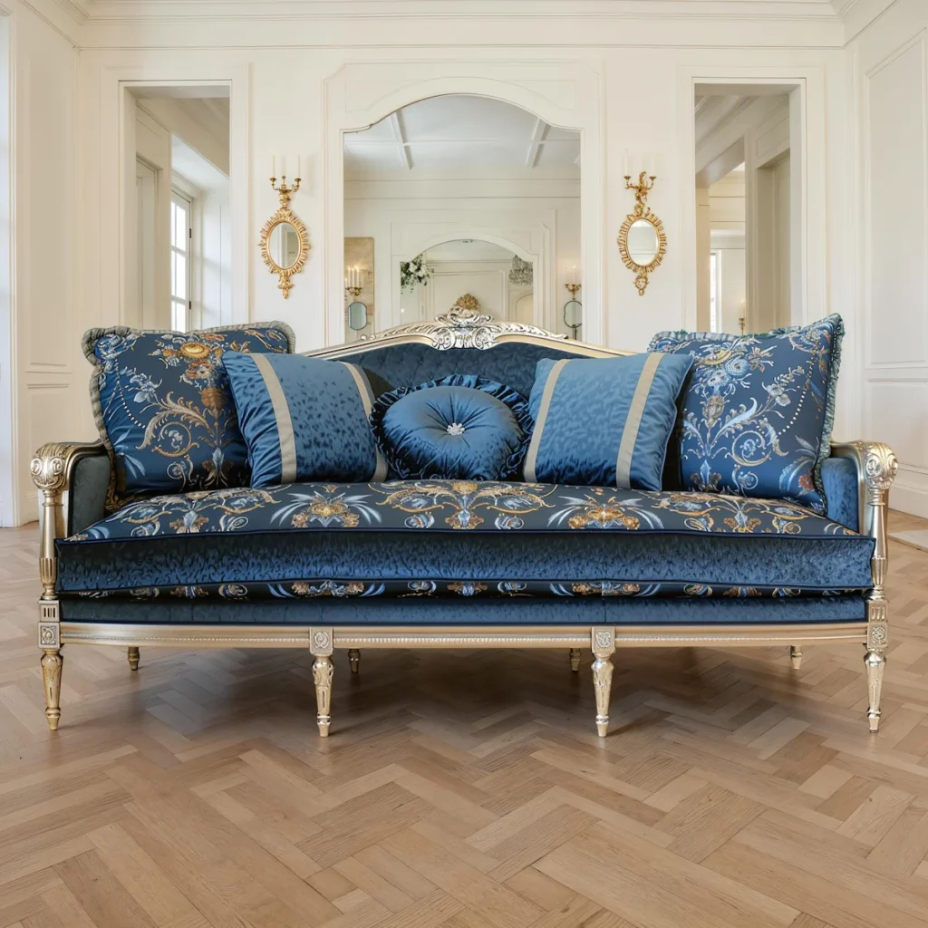 Klassisches dunkelblaues Samt-Sofa mit goldenem Rahmen, verzierten Kissen und floralen Mustern