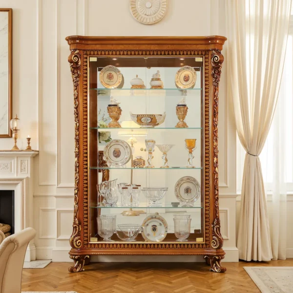 Vetrina di lusso in legno lucidato con intagli classici e dettagli dorati, ante in vetro, schienale specchiato e ripiani in vetro; ideale per salotto e sala da pranzo.