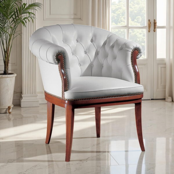 White leather tufted club armchair with nailhead trim and solid wood legs – Marzorati