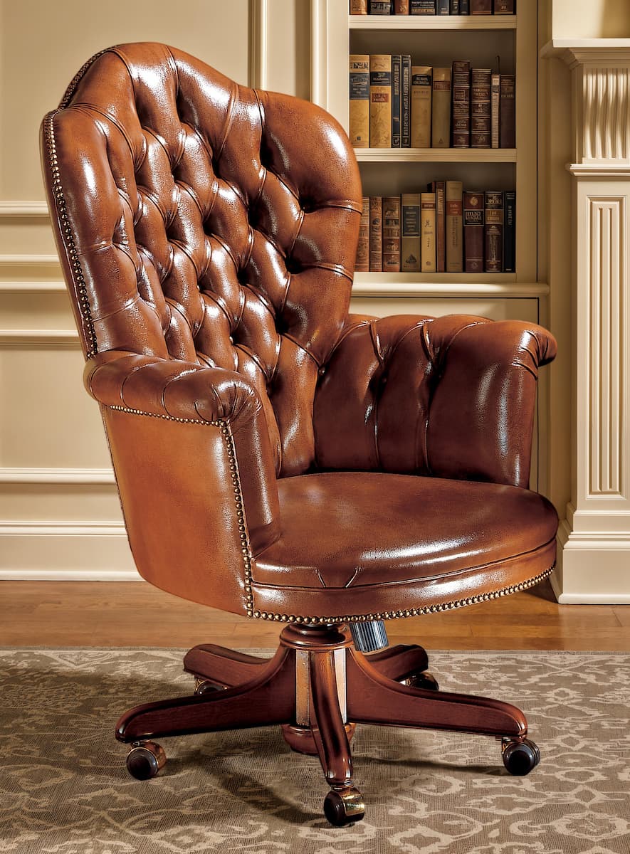 “Biden” tufted leather office armchair with solid wood base, classic Italian luxury design