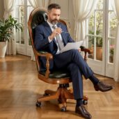 Black leather executive armchair with solid wood frame in classic handcrafted style by Marzorati